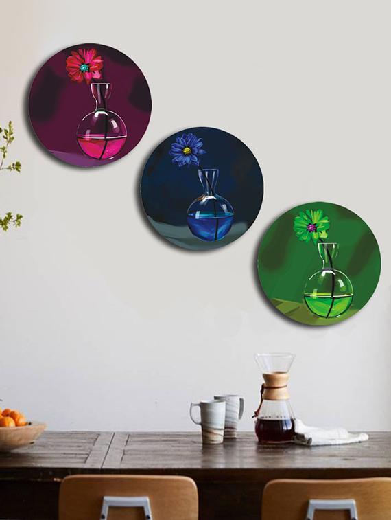 Studio Shubham wooden Floral pot wall plates for hanging(Set of 3) - 16351081 - Zoom Image - 1