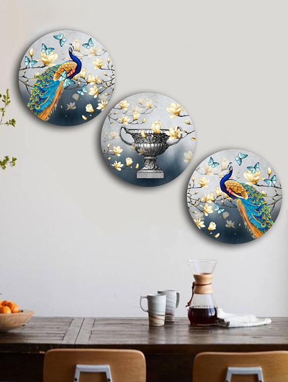 Studio Shubham wooden Floral Peacock wall plates for hanging(Set of 3) - 16351112 - Zoom Image - 1