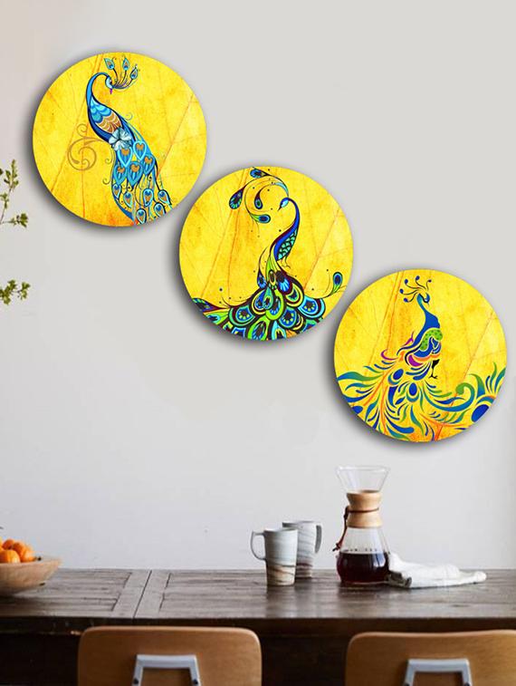 Studio Shubham wooden Designer Peacock wall plates for hanging(Set of 3) - 16351113 - Zoom Image - 1