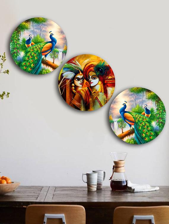 Studio Shubham wooden Lord krishna painting wall plates for hanging(Set of 3) - 16351122 - Zoom Image - 1