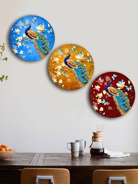 studio shubham wooden floral peacock wall plates for hanging(set of 3) - 16351125 - Zoom Image - 1