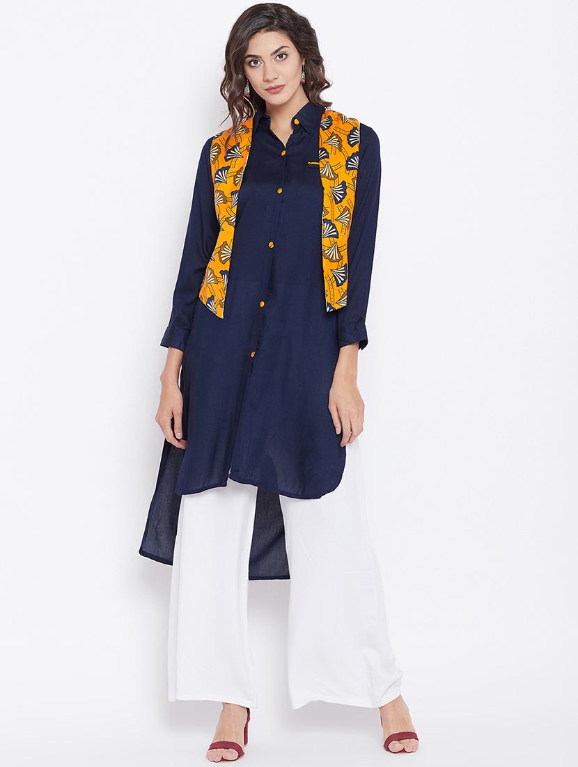 solid straight kurta with jacket - 16351553 - Zoom Image - 1