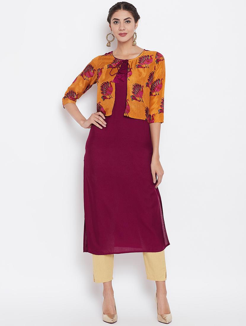 solid straight kurta with jacket - 16351558 - Zoom Image - 1