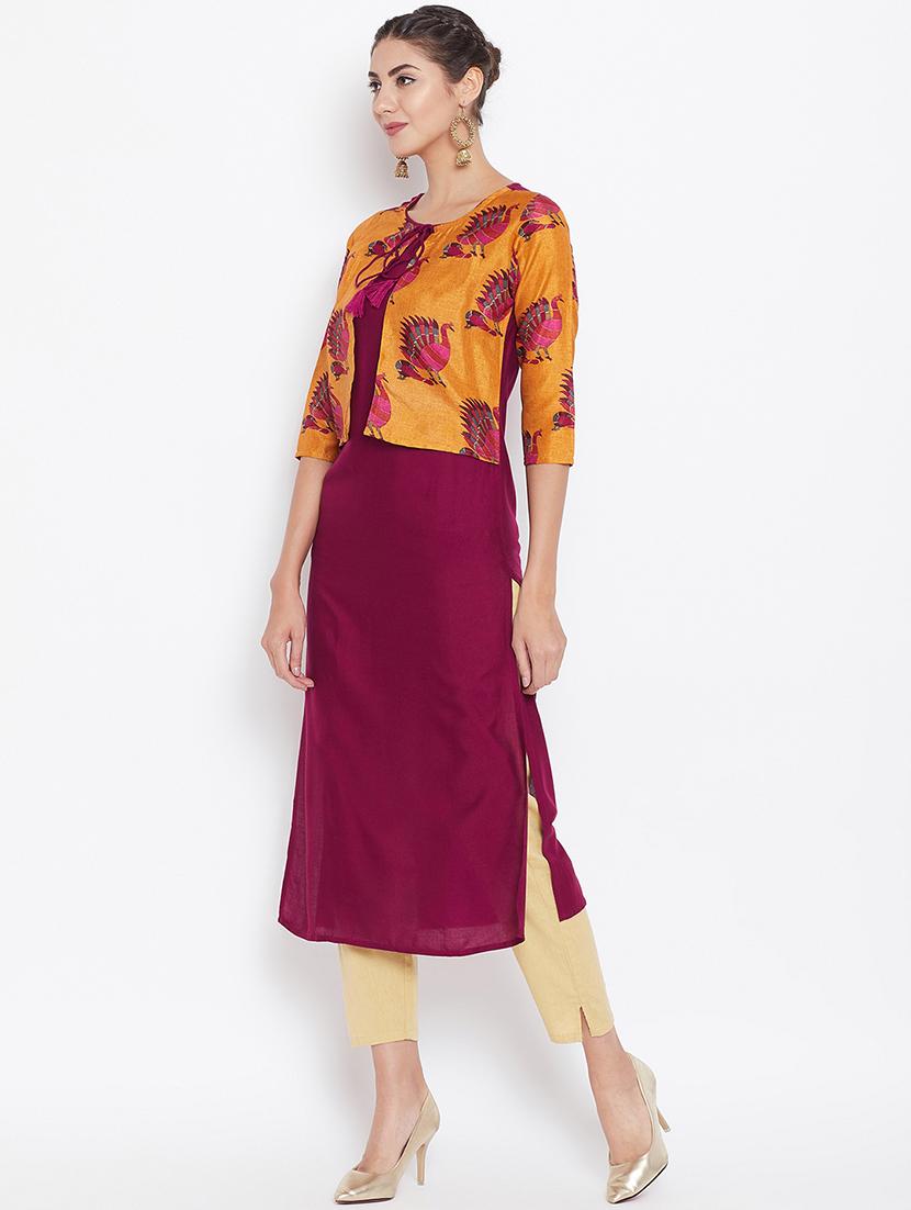 solid straight kurta with jacket - 16351558 - Zoom Image - 2