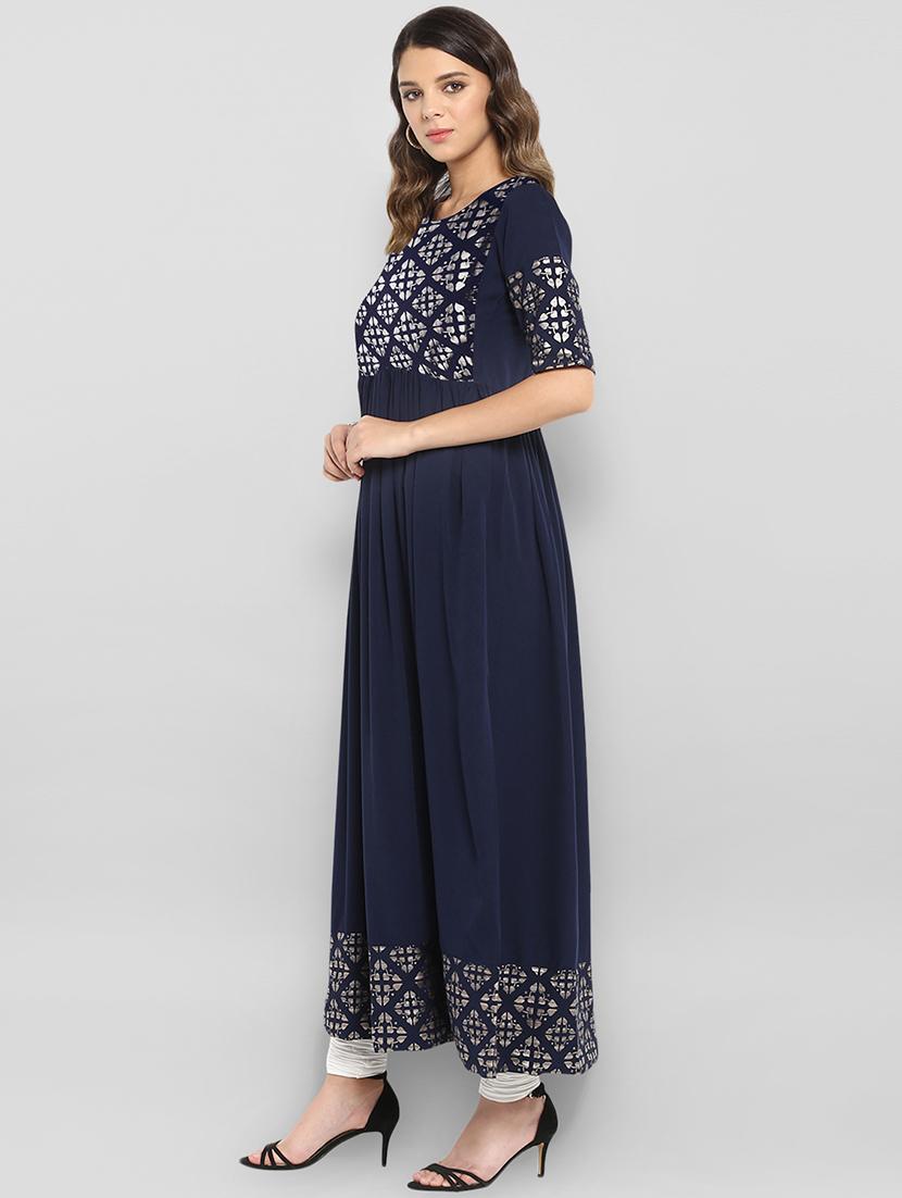 foil printed flared kurta - 16357239 - Zoom Image - 2
