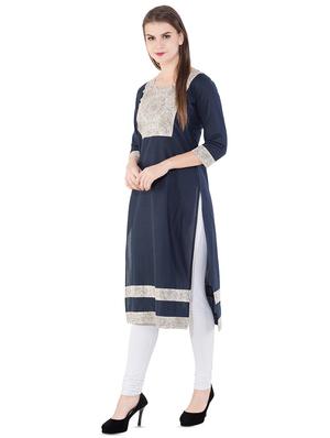 printed yoke navy blue straight kurta - 16357502 - Standard Image - 2