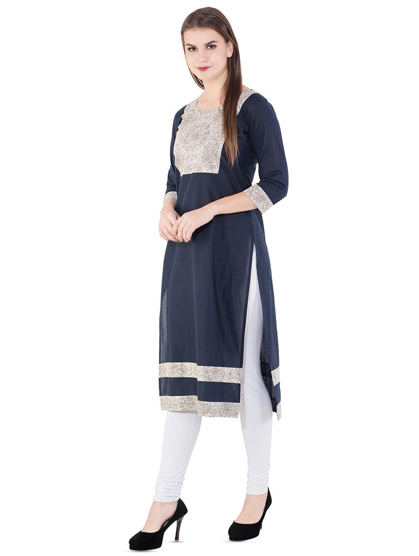 printed yoke navy blue straight kurta - 16357502 - Zoom Image - 2