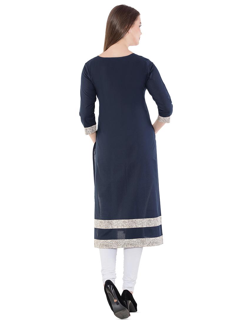 printed yoke navy blue straight kurta - 16357502 - Zoom Image - 3