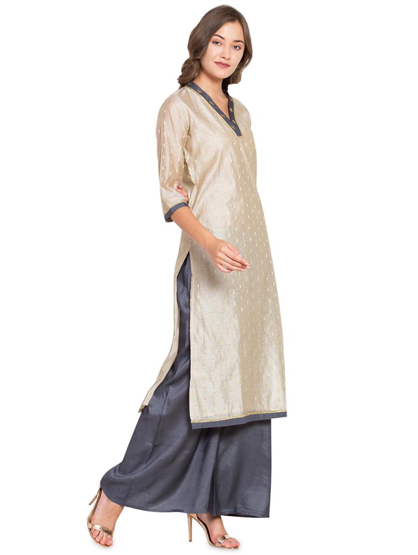 zari motifs straight kurta palazzo set - 16359071 - Zoom Image - 2