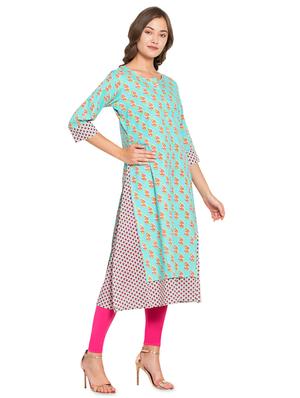 turquoise printed straight kurta - 16359077 - Standard Image - 2