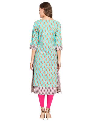 turquoise printed straight kurta - 16359077 - Standard Image - 3