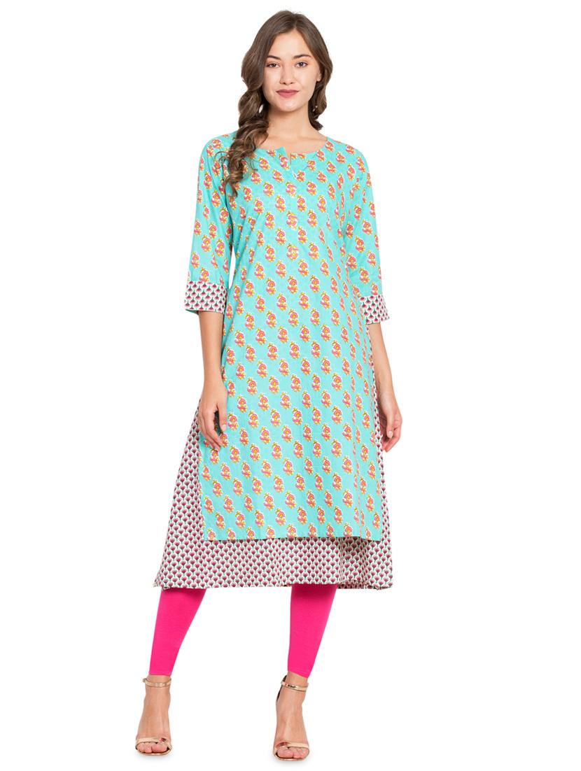 turquoise printed straight kurta - 16359077 - Zoom Image - 1