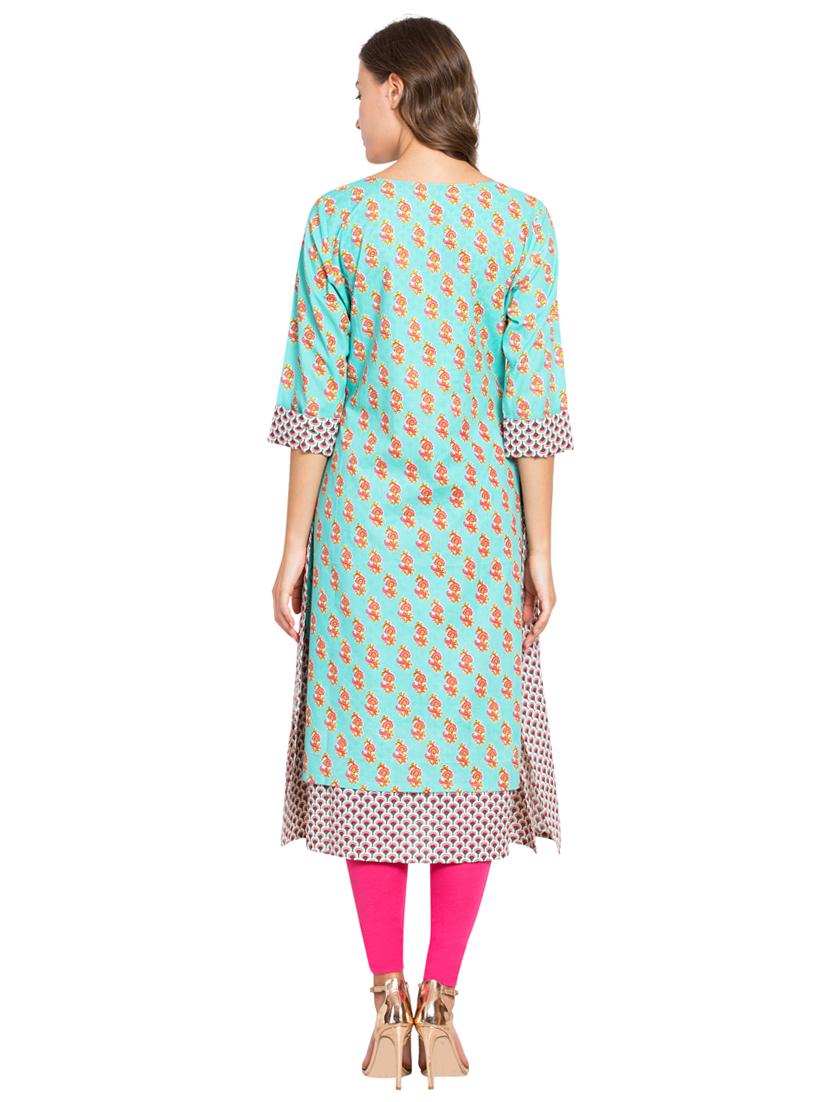turquoise printed straight kurta - 16359077 - Zoom Image - 3