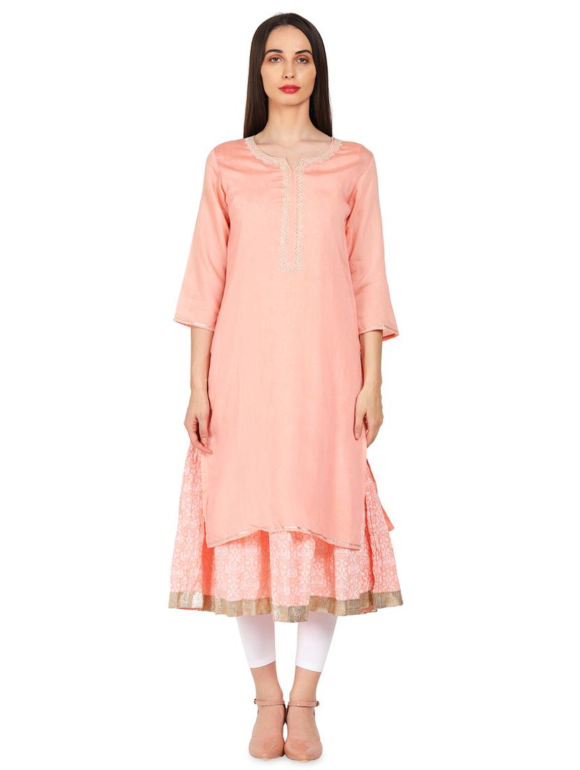 embroidered solid layered kurta - 16359080 - Zoom Image - 1