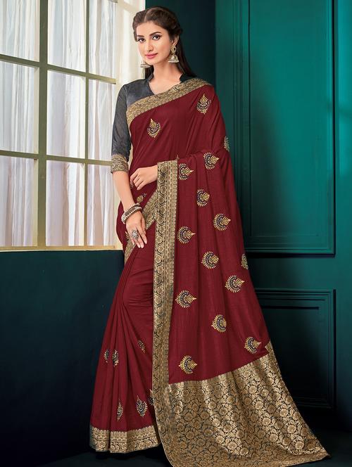 ethnic zari motif woven saree with blouse - 16366769 - Very Small Image - 1