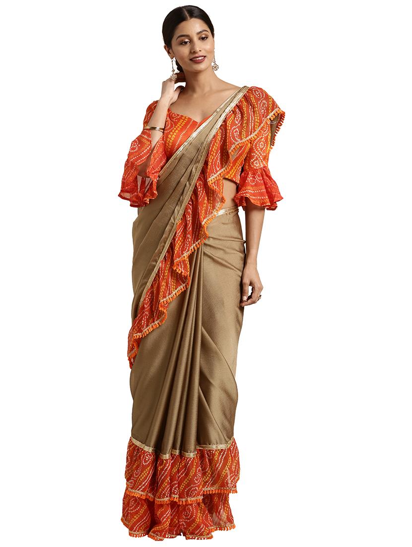 bandhani ruffle border saree with blouse - 16370034 - Zoom Image - 1