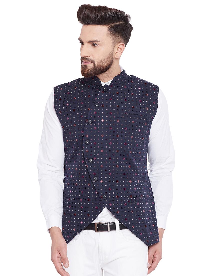 navy blue printed nehru jacket - 16375300 - Zoom Image - 1