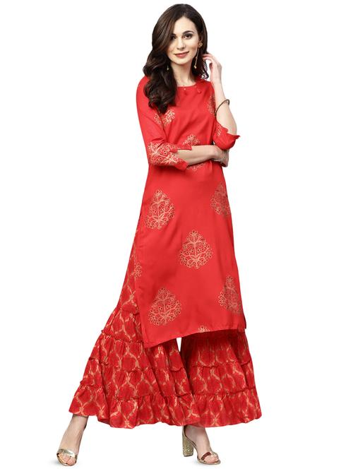 gold printed kurta with palazzo set - 16377376 - Standard Image - 1