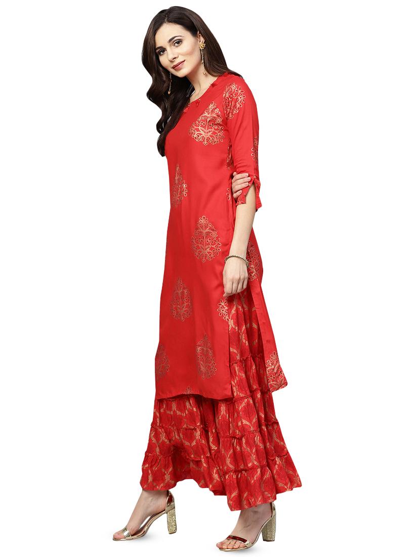 gold printed kurta with palazzo set - 16377376 - Zoom Image - 2