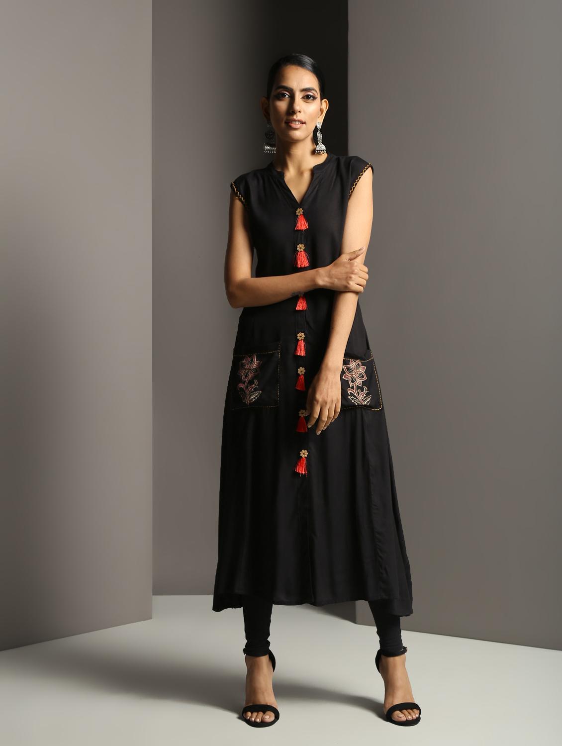 block print a-line kurta with tassels - 16378846 - Zoom Image - 1