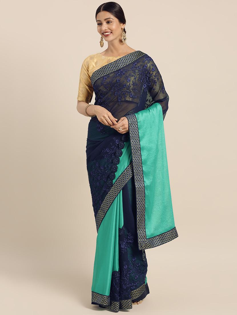 turquoise chiffon embroidered saree with blouse - 16379420 - Zoom Image - 1