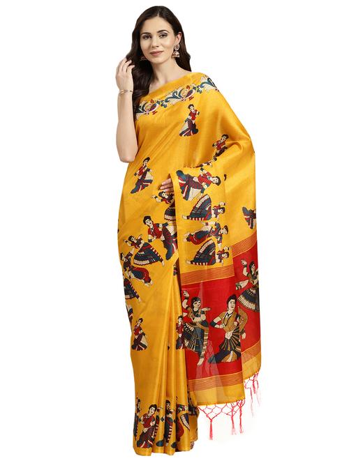 mustard silk blend printed saree with blouse - 16380902 - Standard Image - 1