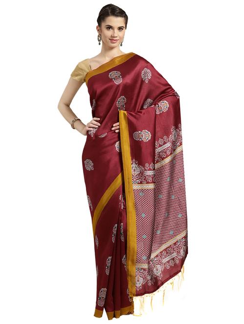 maroon silk blend printed saree with blouse - 16380904 - Standard Image - 1