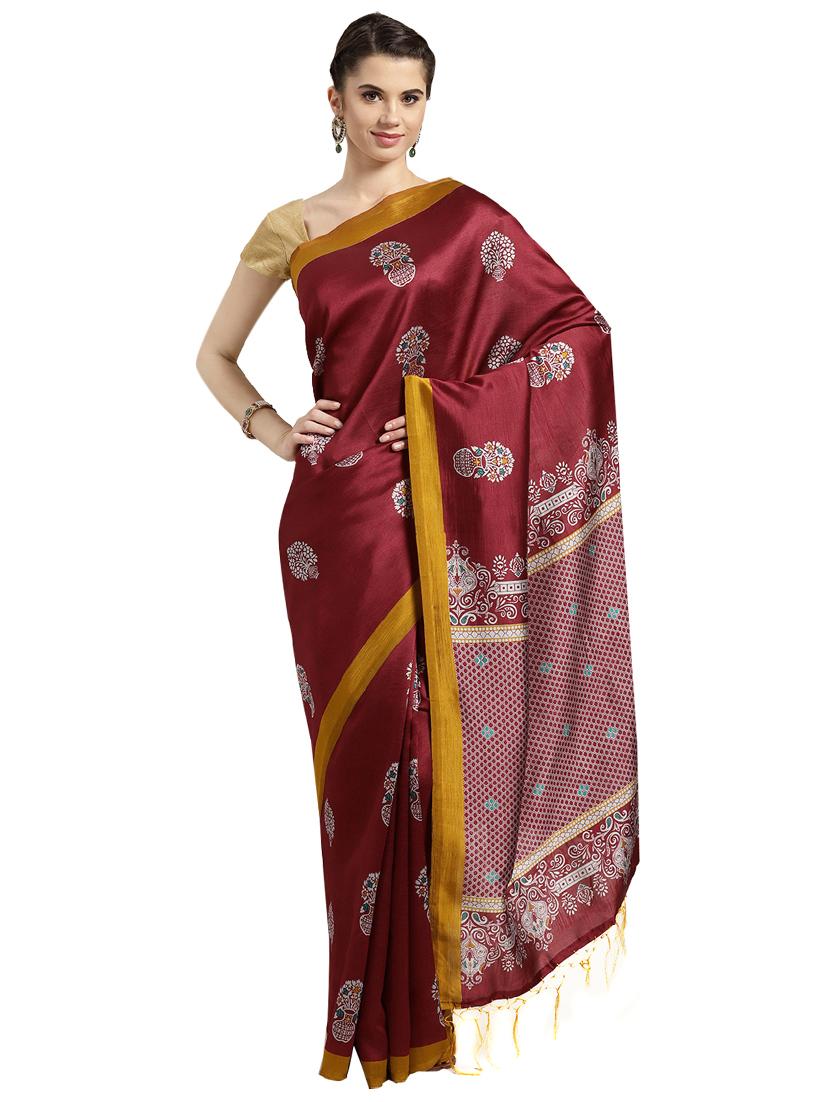maroon silk blend printed saree with blouse - 16380904 - Zoom Image - 1