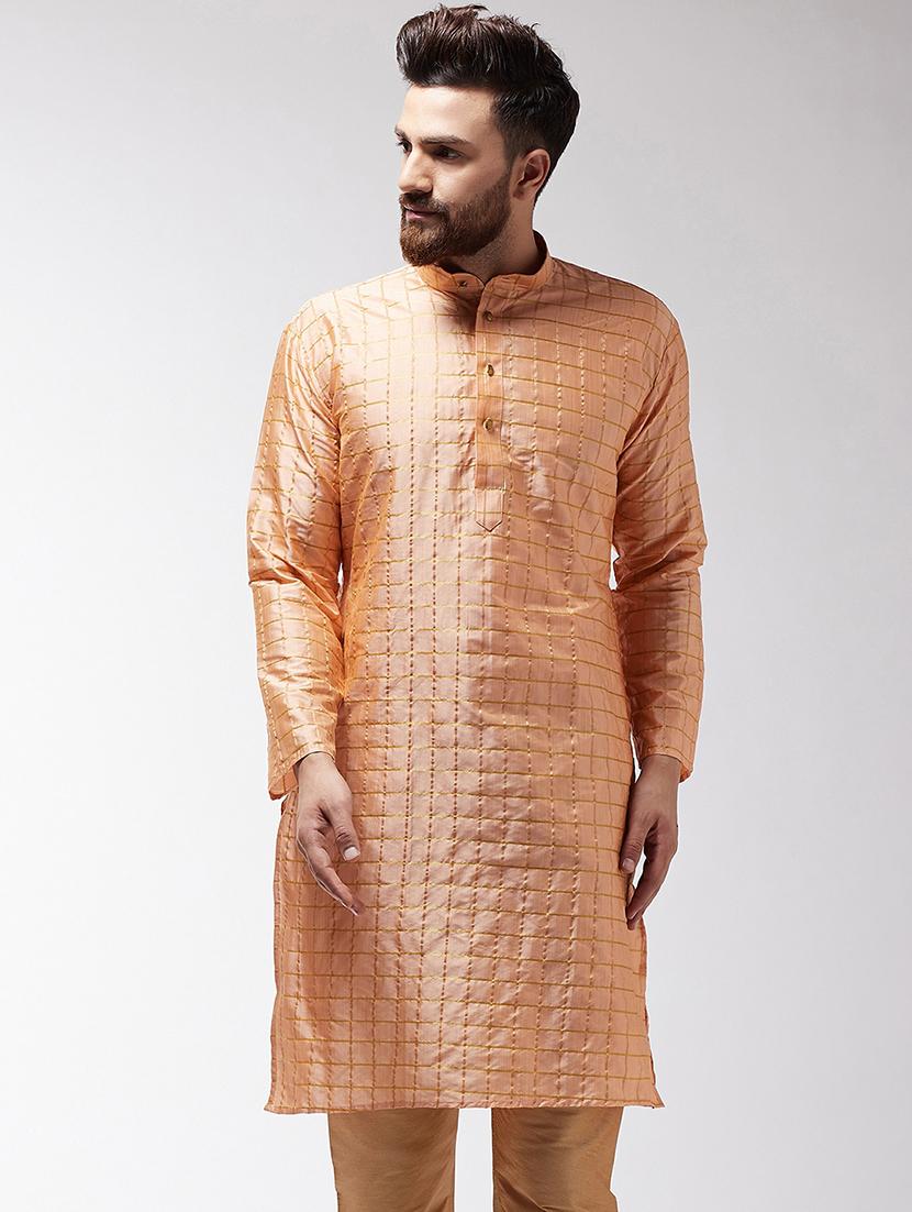 orange silk blend checkered long kurta - 16385435 - Zoom Image - 1