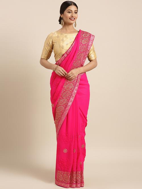 bordered embroidered saree with blouse - 16389932 - Standard Image - 1