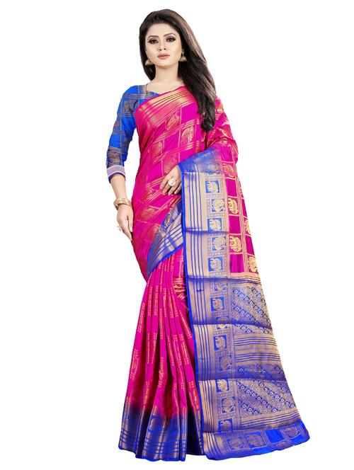 contrast zari border kanjivaram saree with blouse - 16390862 - Standard Image - 1