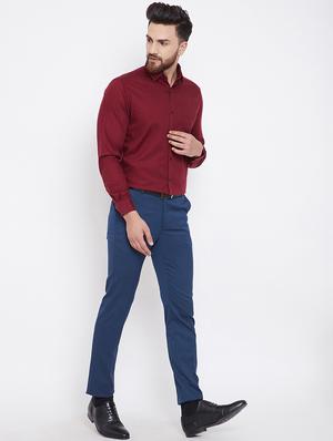 blue solid flat front formal trousers - 16396838 - Standard Image - 4