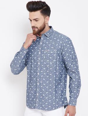 blue printed denim casual shirt - 16396844 - Standard Image - 2