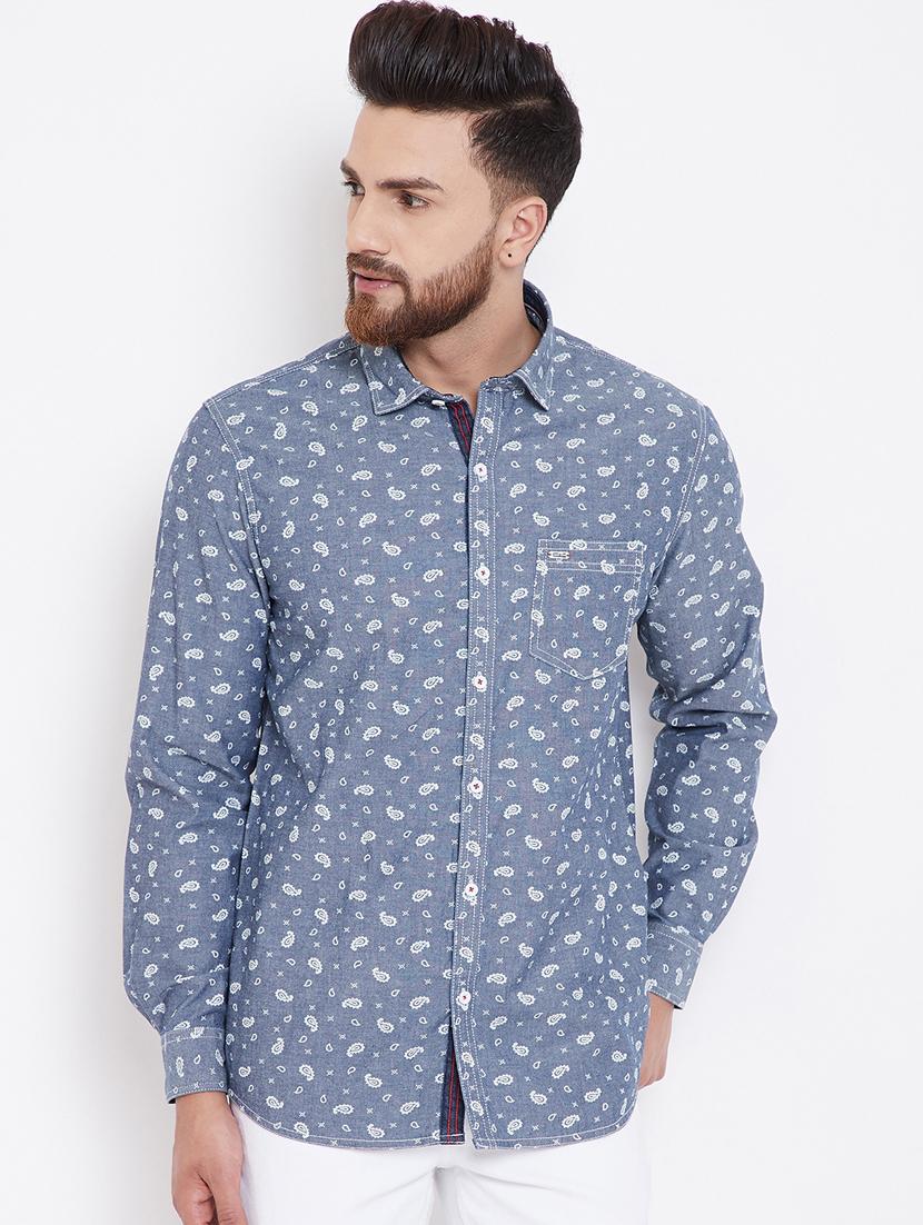 blue printed denim casual shirt - 16396844 - Zoom Image - 1