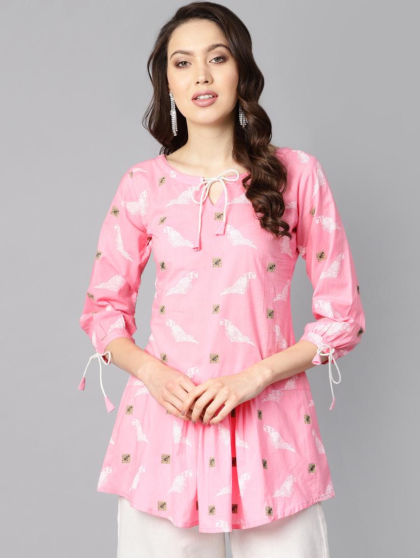tie up neck color block a-line tunic - 16399477 - Zoom Image - 1