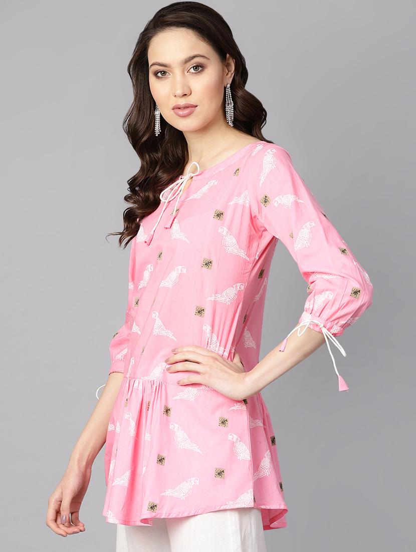 tie up neck color block a-line tunic - 16399477 - Zoom Image - 2