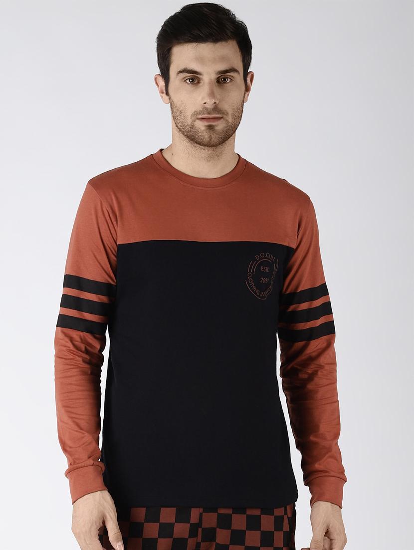 brown color block cut & sew t-shirt - 16401523 - Zoom Image - 1