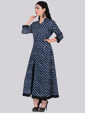 indigo printed high slit kurta - 16403638 - Standard Image - 2