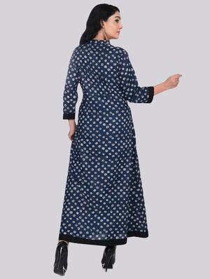indigo printed high slit kurta - 16403638 - Standard Image - 3