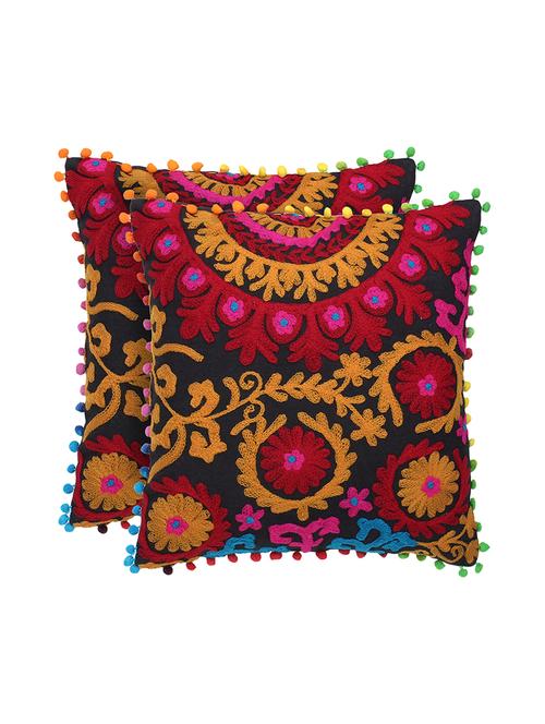 Dark Brown Aari Embroidered Cushion Cover 16x16 inches. Set of 2 pcs - 16406531 - Standard Image - 1