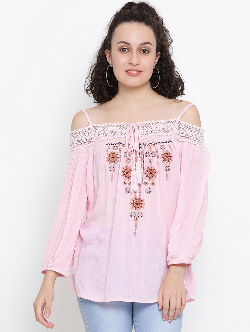 cold shoulder lace detail embroidered top - 16406972 - Zoom Image - 1