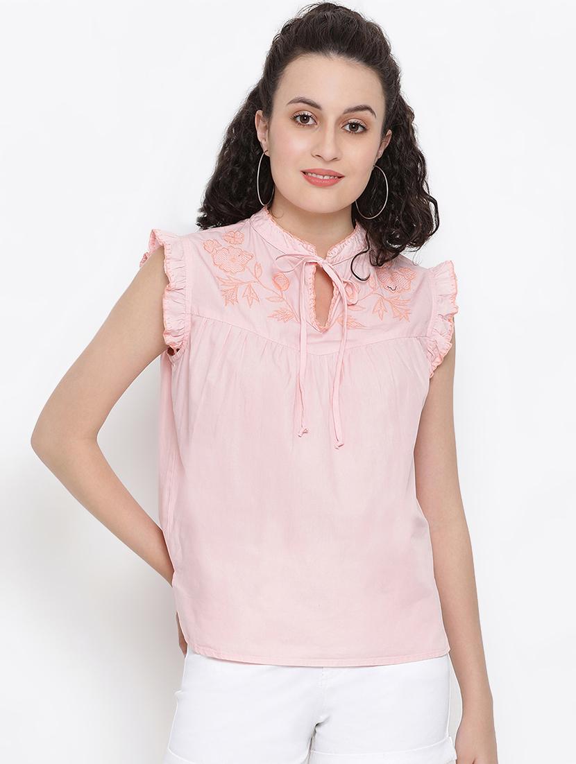 tie knot ruffle trim embroidered top - 16406978 - Zoom Image - 1