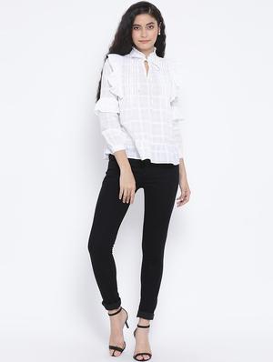 pin tucks ruffle detail checkered top - 16406989 - Standard Image - 4