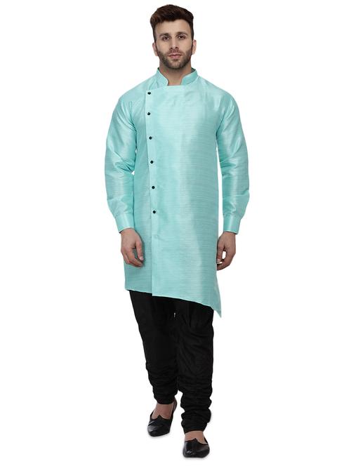 light blue dupion long kurta - 16408979 - Standard Image - 1