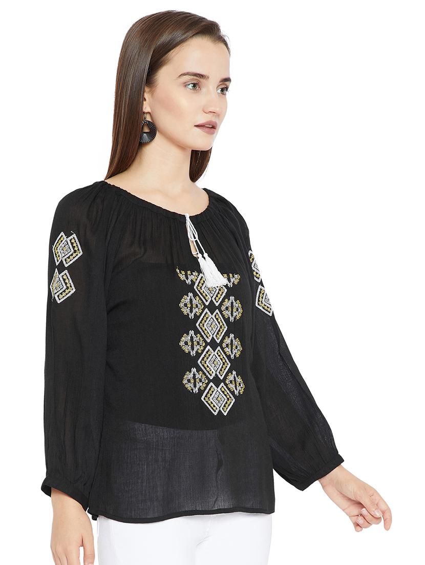 tie up neck embroidered top - 16409472 - Zoom Image - 2