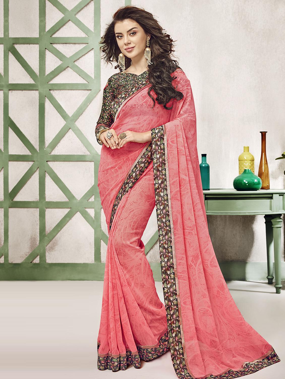 printed bordered saree with blouse - 16416042 - Zoom Image - 1