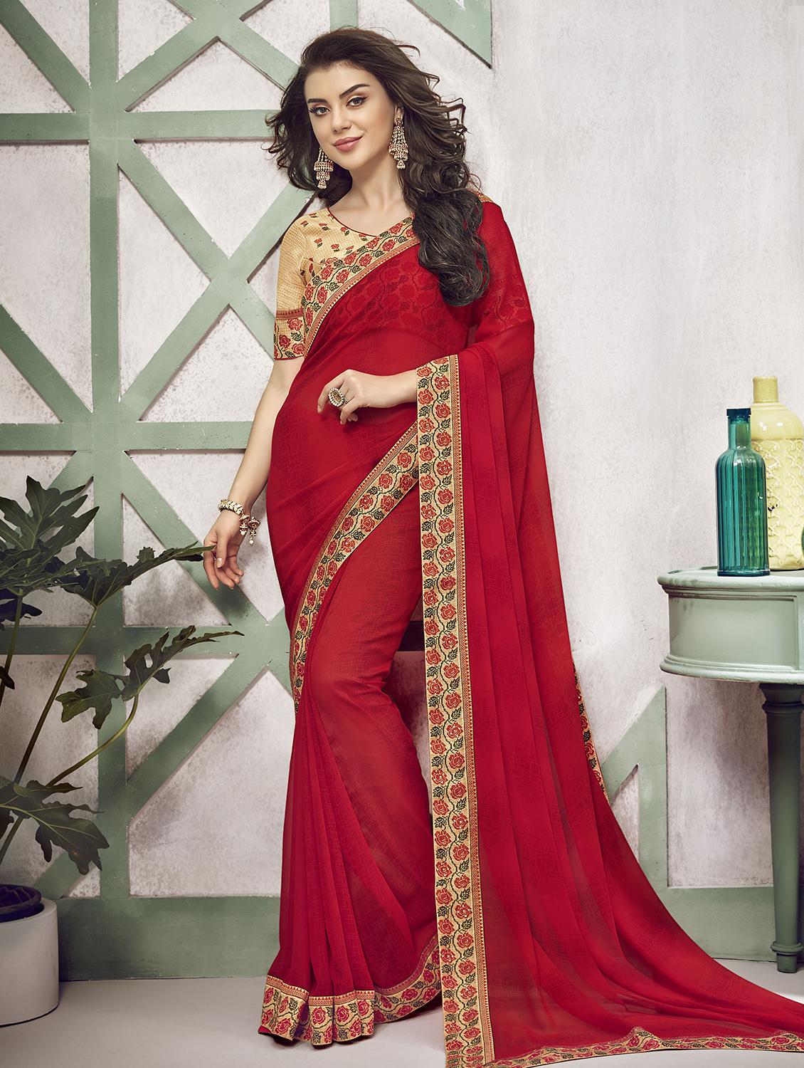 printed bordered saree with blouse - 16416048 - Zoom Image - 1