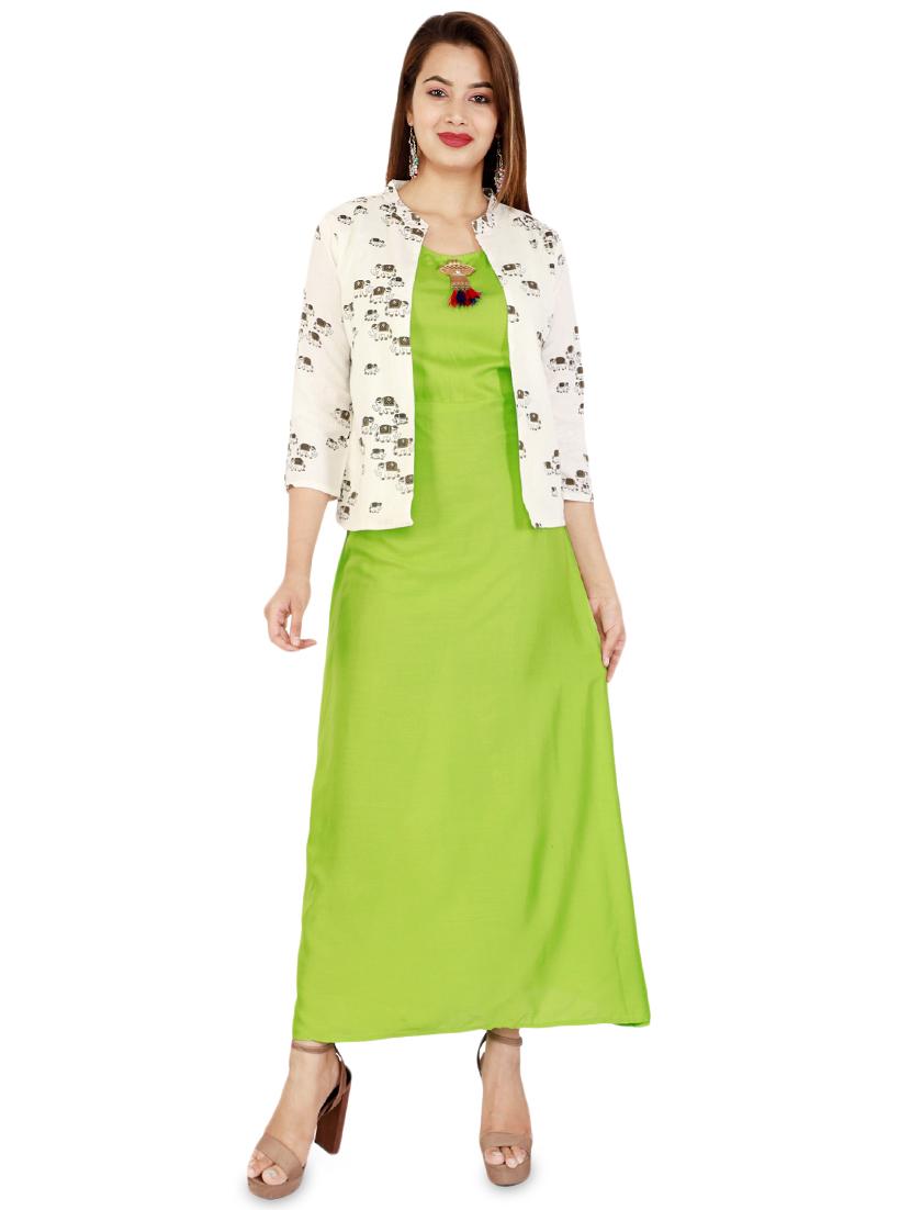 solid a-line kurta with printed jacket - 16416742 - Zoom Image - 1