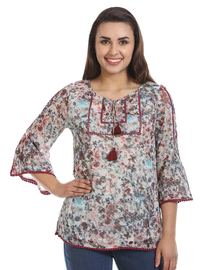 tassel tie up lace detail floral top - 16417515 - Zoom Image - 1