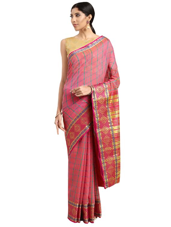 checkered printed saree with blouse - 16420302 - Zoom Image - 1